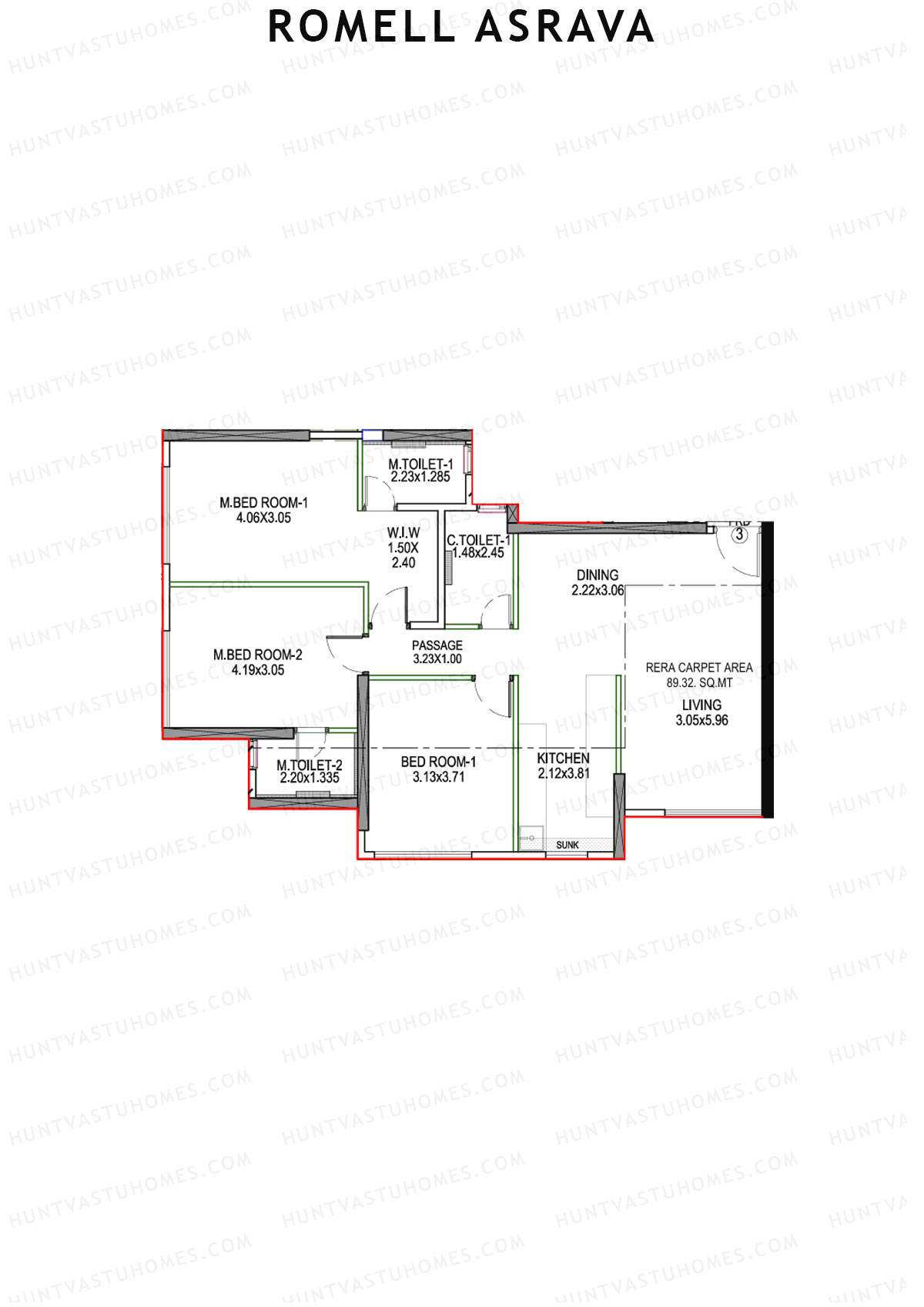 Romell Asrava, Wing A, Unit 3, 3BHK, Carpet Area 961   sq ft 