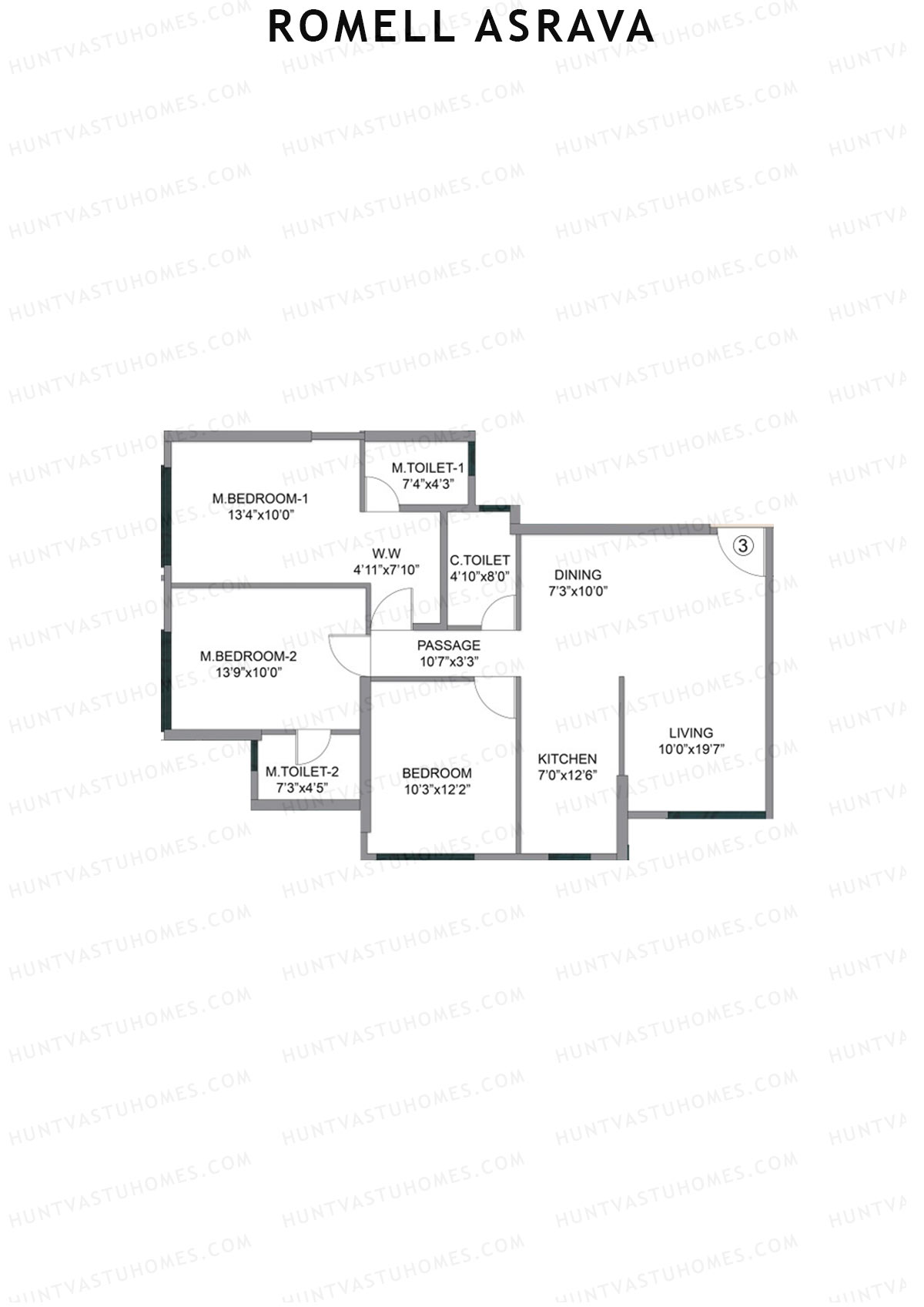 Romell Asrava, Wing A, Unit 3, 3BHK, Carpet Area 963   sq ft 