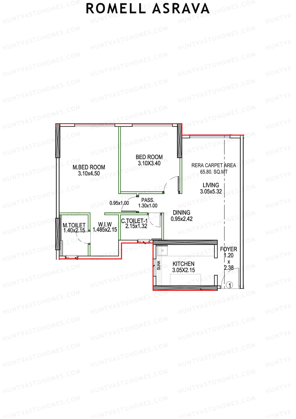 Romell Asrava, Wing B, Unit 1, 2BHK, Carpet Area 708   sq ft 