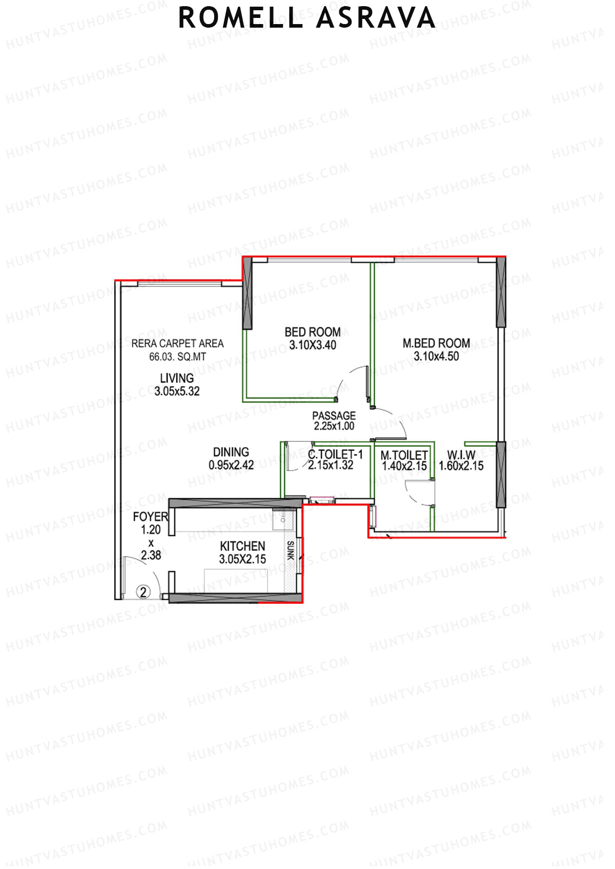 Romell Asrava, Wing B, Unit 2, 2BHK, Carpet Area 710   sq ft 
