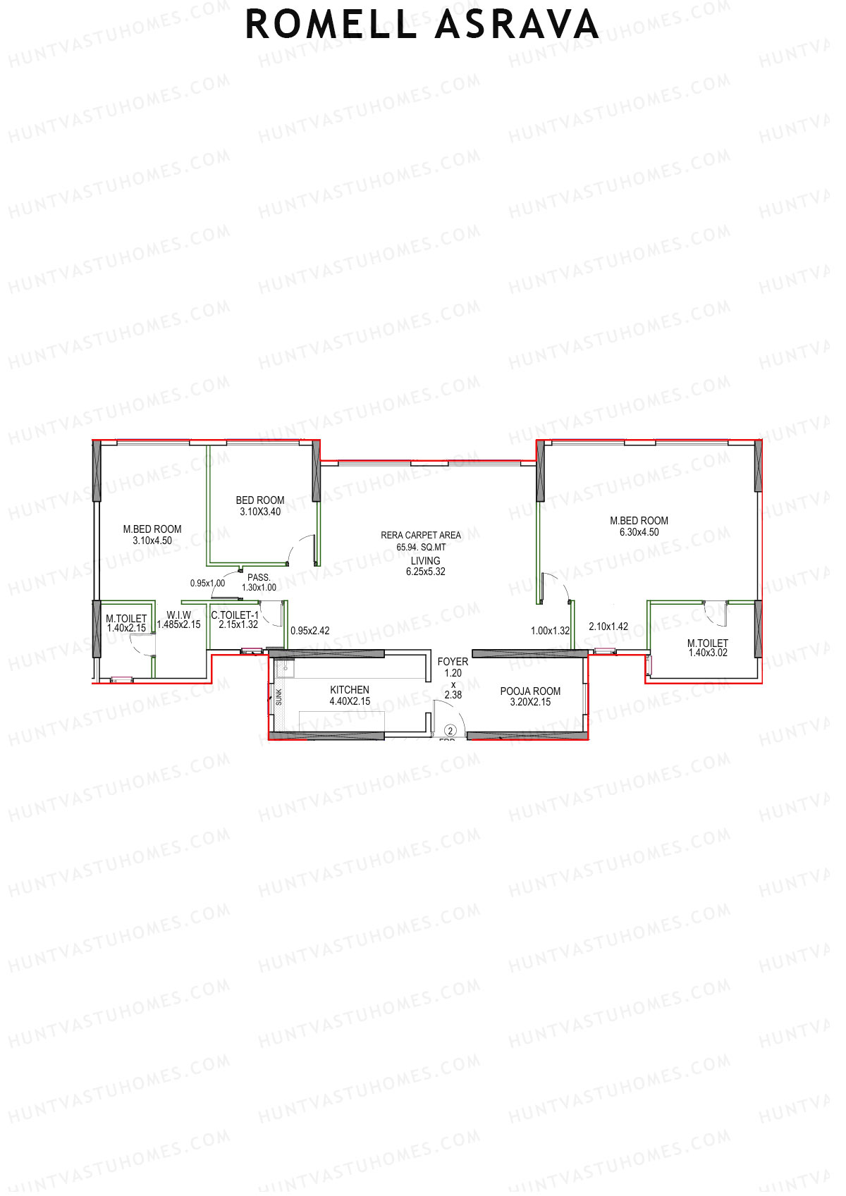 Romell Asrava, Wing C, Unit 2, 3BHK, Carpet Area 1431   sq ft 