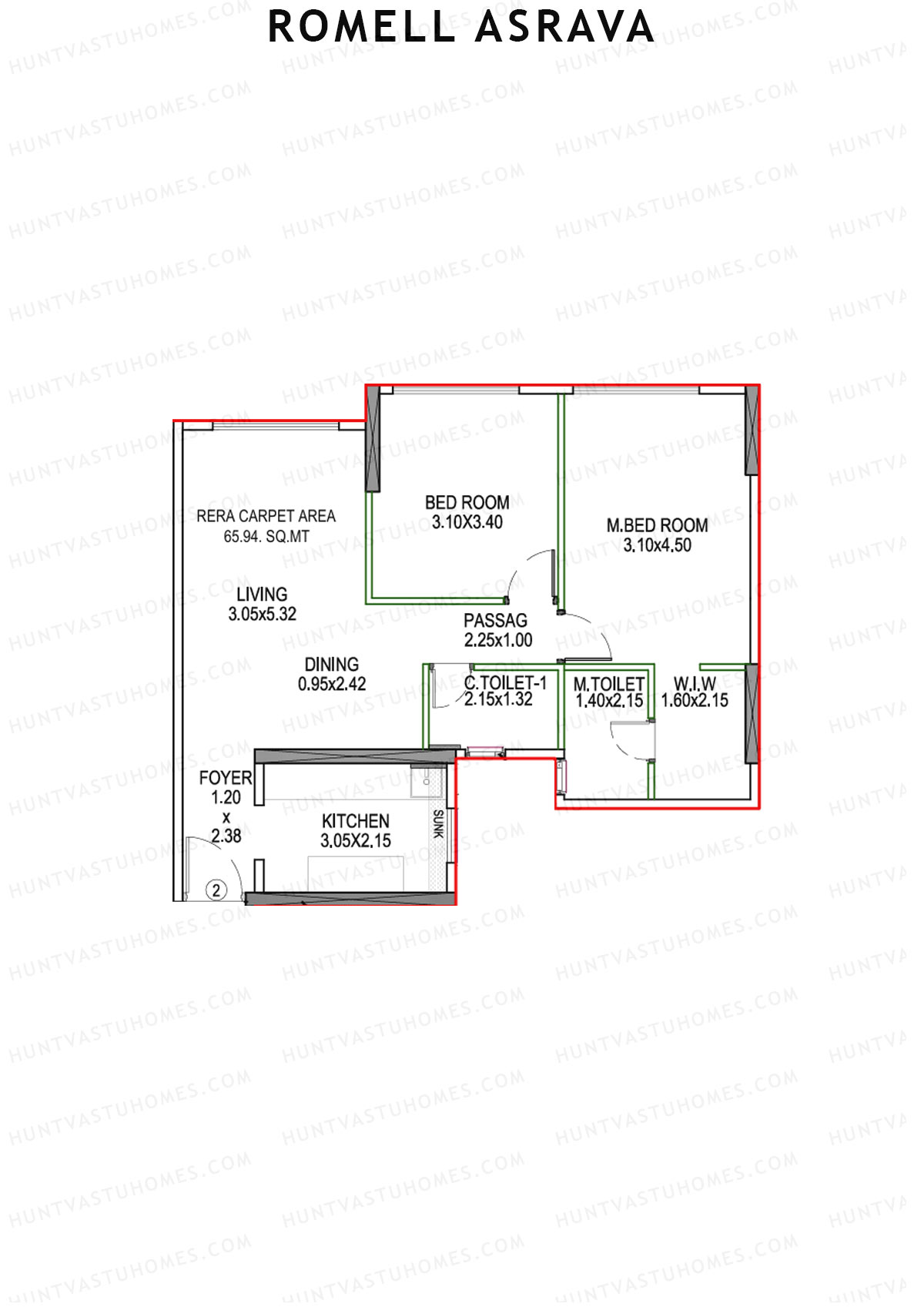 Romell Asrava, Wing C, Unit 2, 2BHK, Carpet Area 709   sq ft 