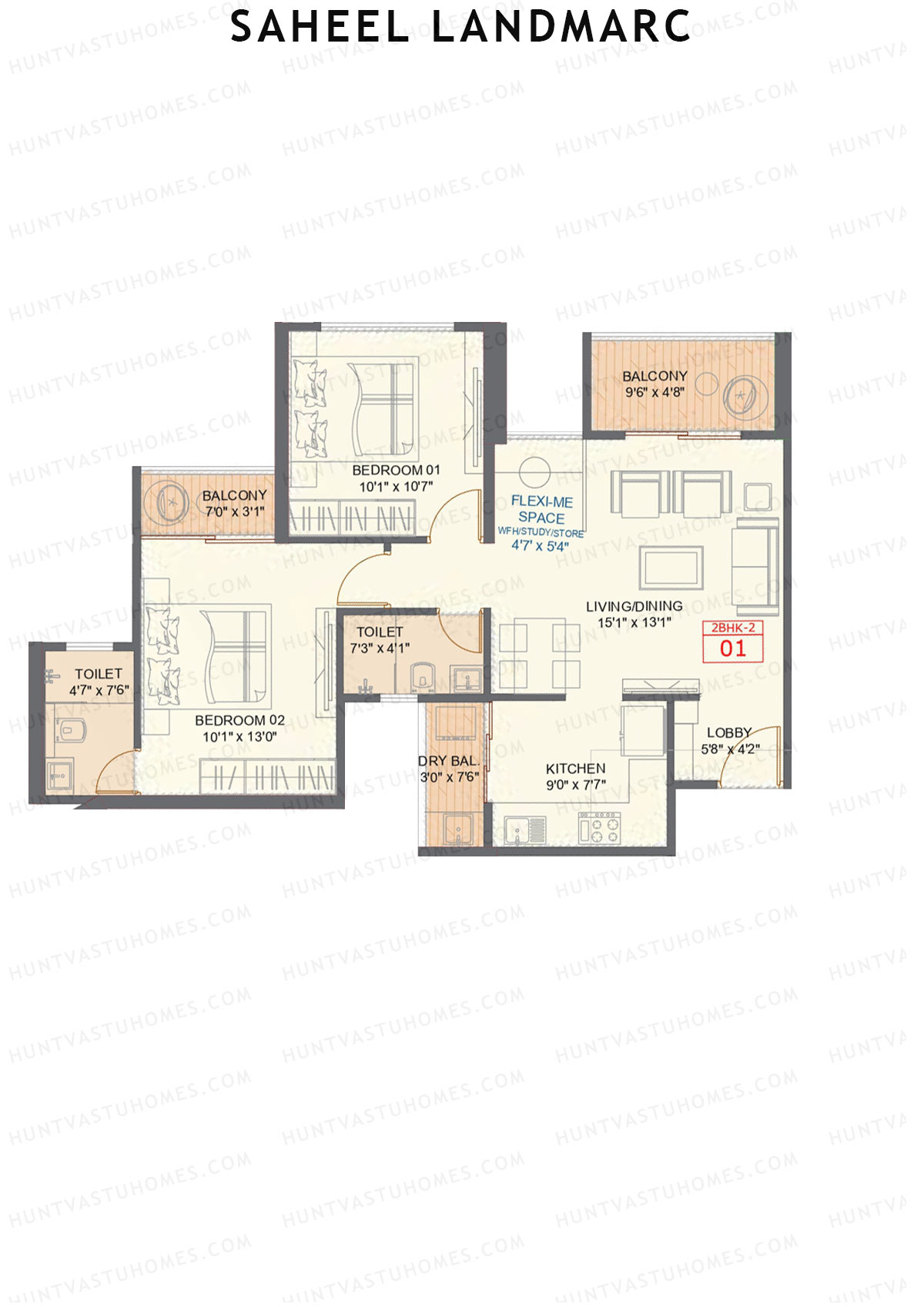 Saheel Landmarc Tower 2 Unit 1 OPT 1 (Type 2) Floor Plan