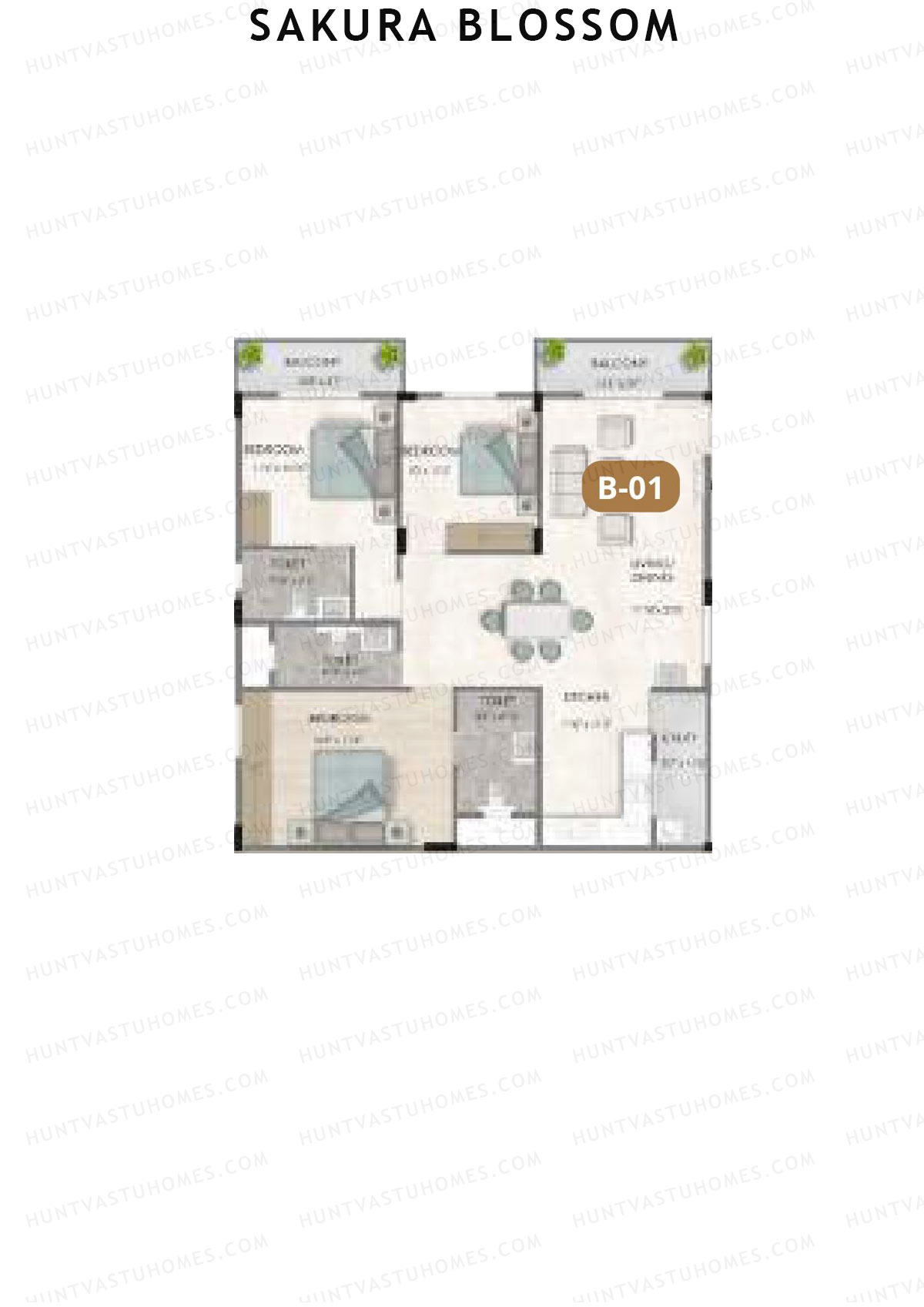 Sakura Blossom, Block A, Unit 5, 3BHK, Super Area 1719   sq ft 