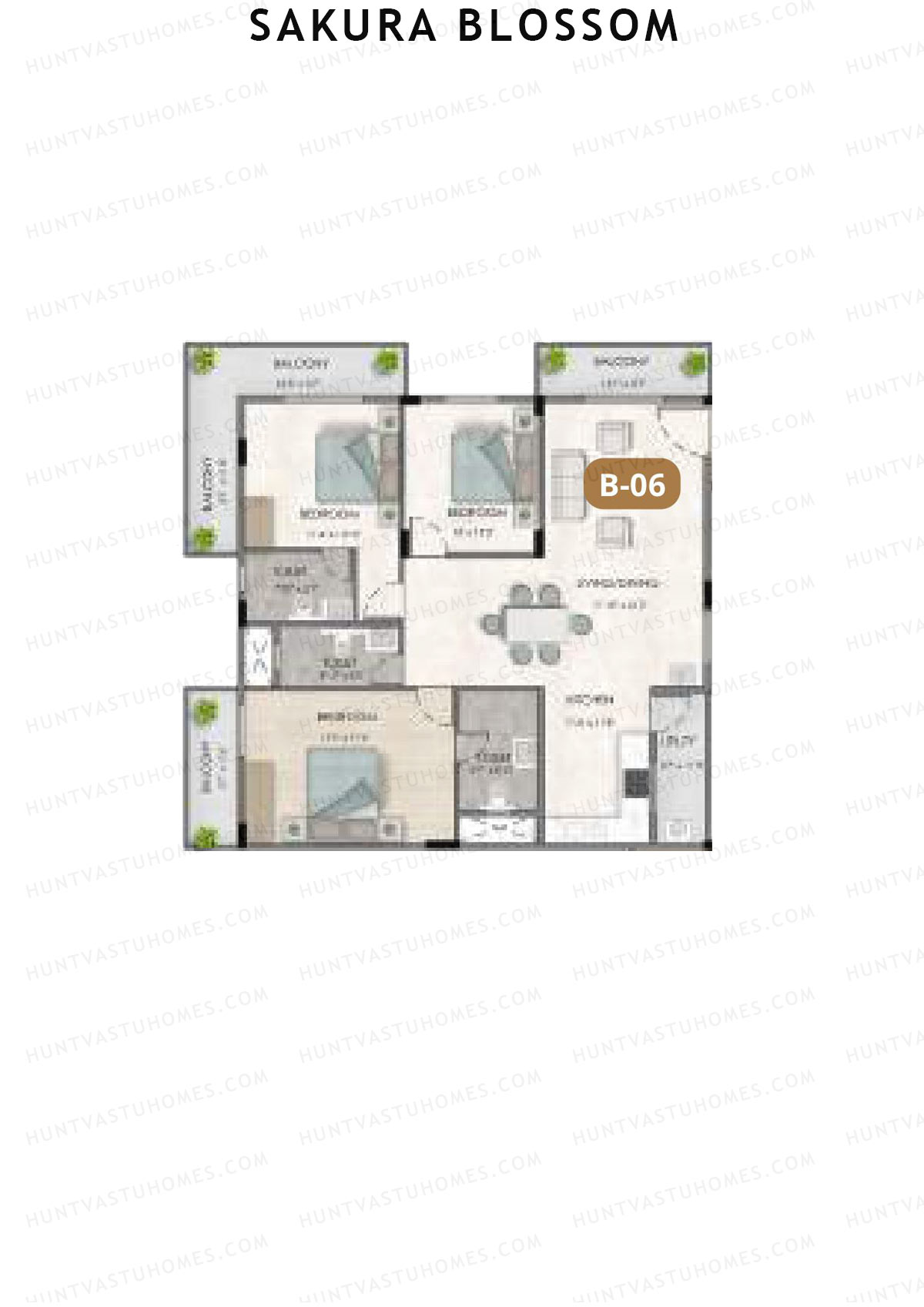 Sakura Blossom, Block B, Unit 6, 3BHK, Super Area 1876   sq ft 
