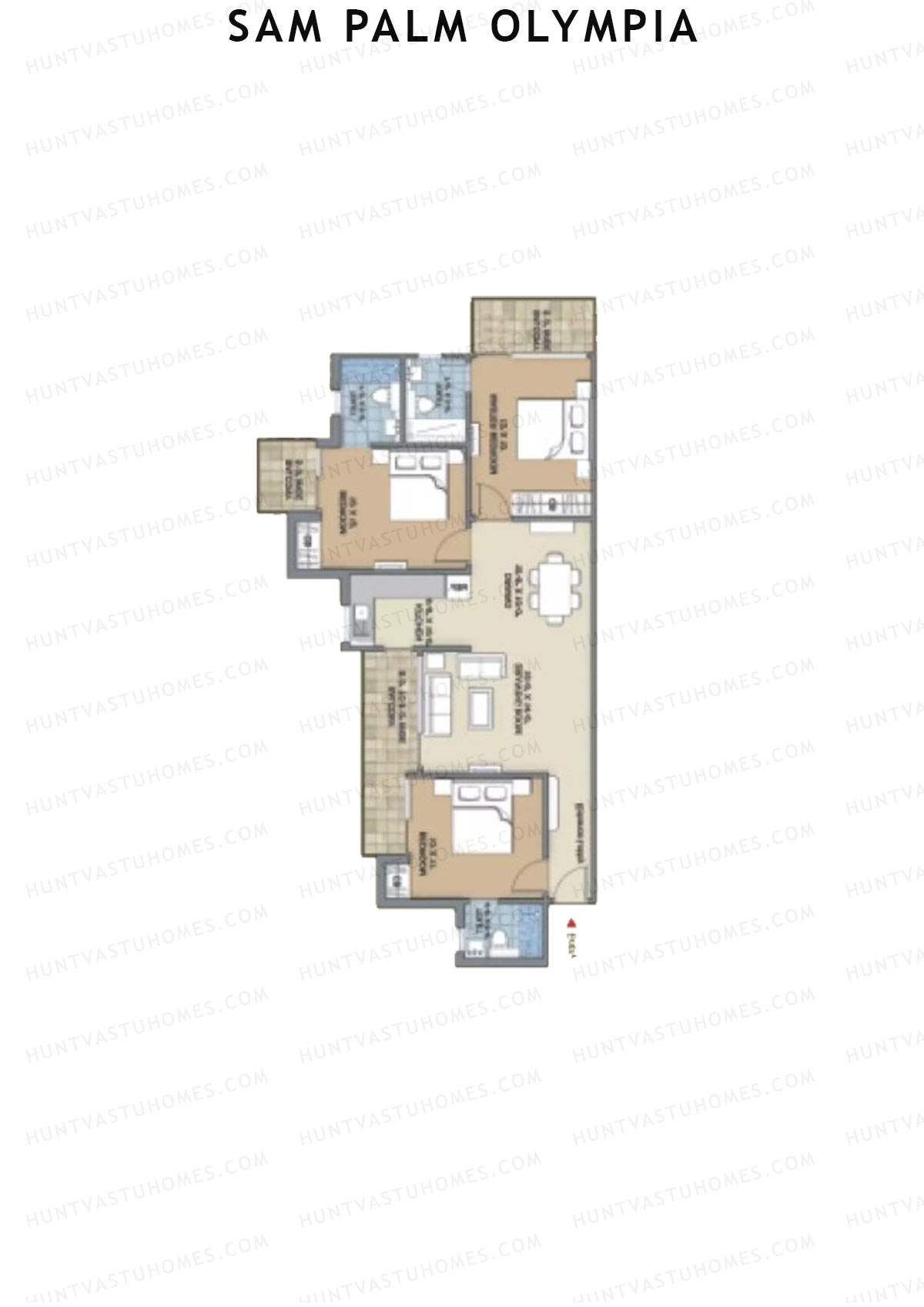 Sam Palm Olympia, Tower 3, Unit 2, 3BHK, Super Area 1317   sq ft 