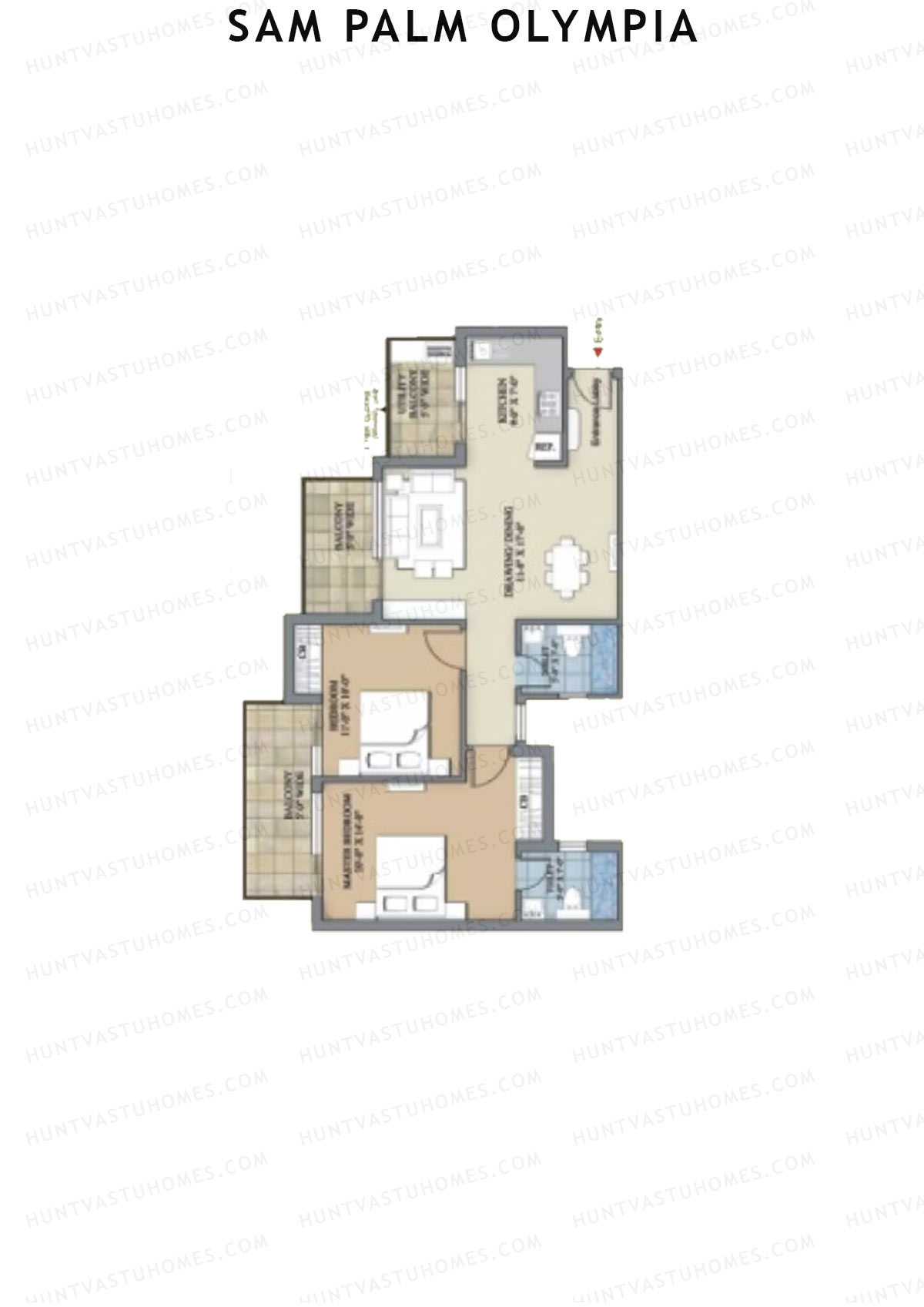 Sam Palm Olympia, Tower 6, Unit 7, 2BHK, Super Area 1145   sq ft 