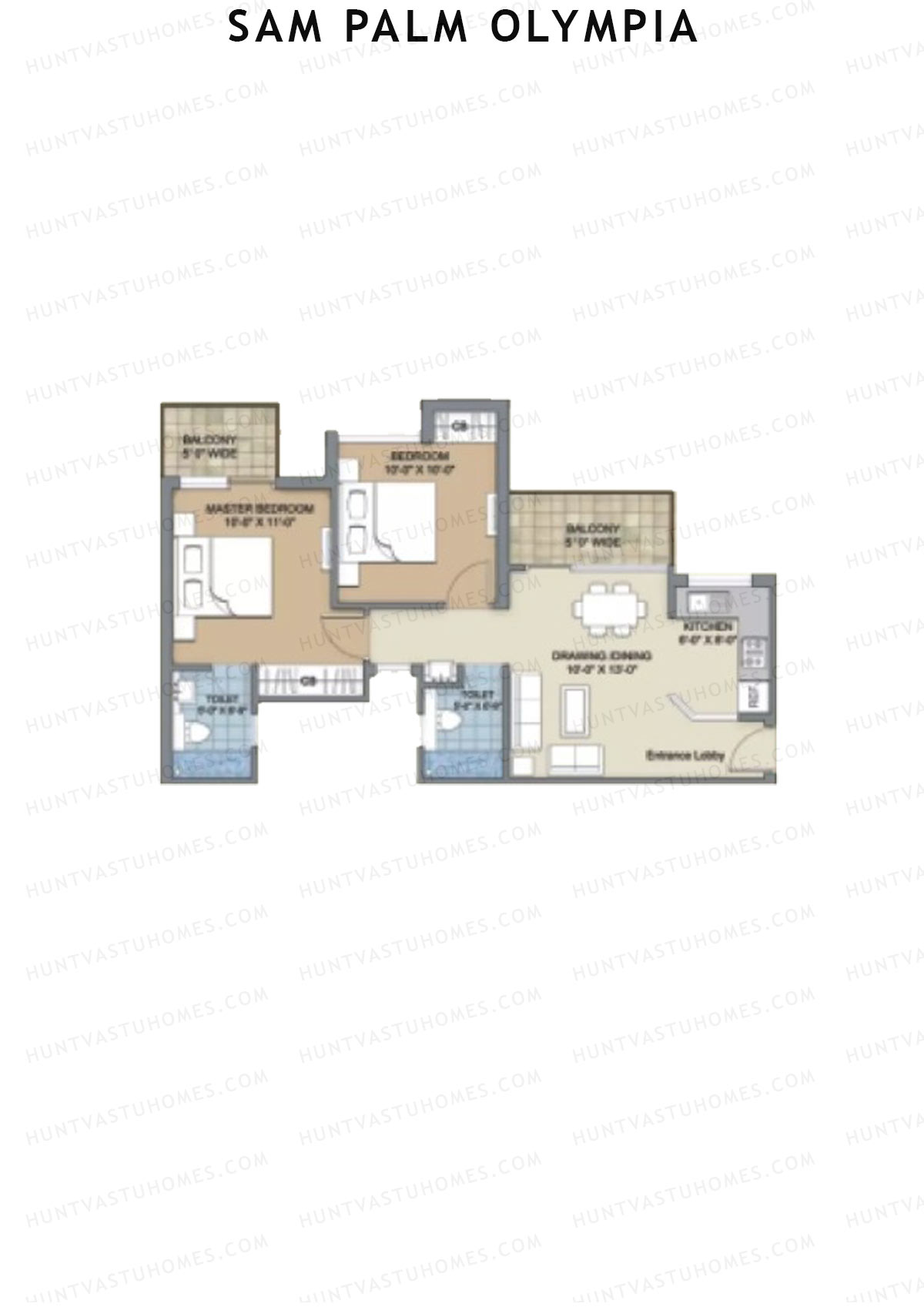 Sam Palm Olympia, Tower 8, Unit 1, 2BHK, Super Area 883   sq ft 