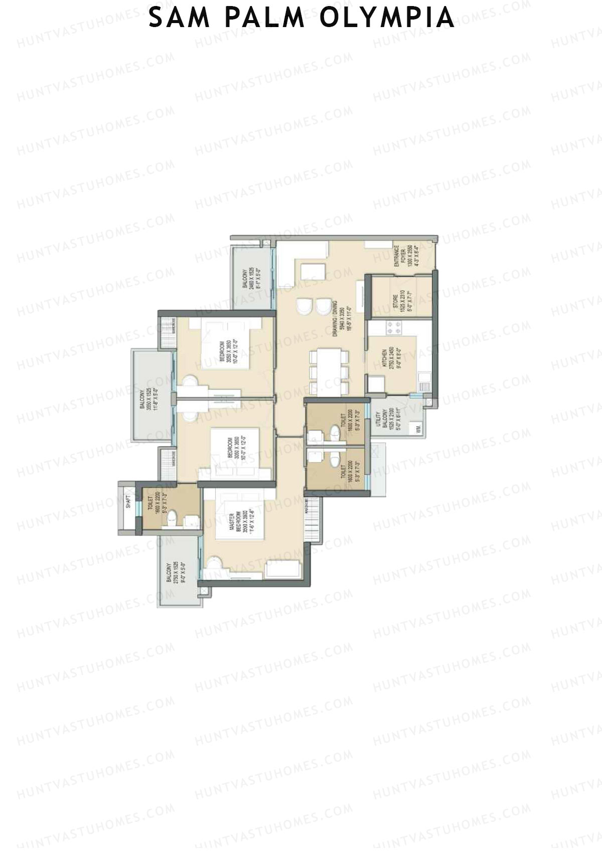 Sam Palm Olympia, Tower C2, Unit 6, 3BHK, Super Area 1608   sq ft 