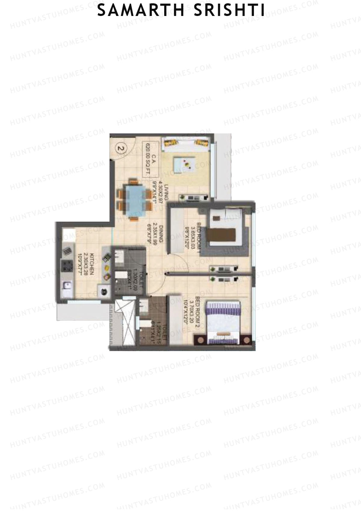 Samarth Srishti, Wing A, Unit 2, 2BHK, Carpet Area 620   sq ft 