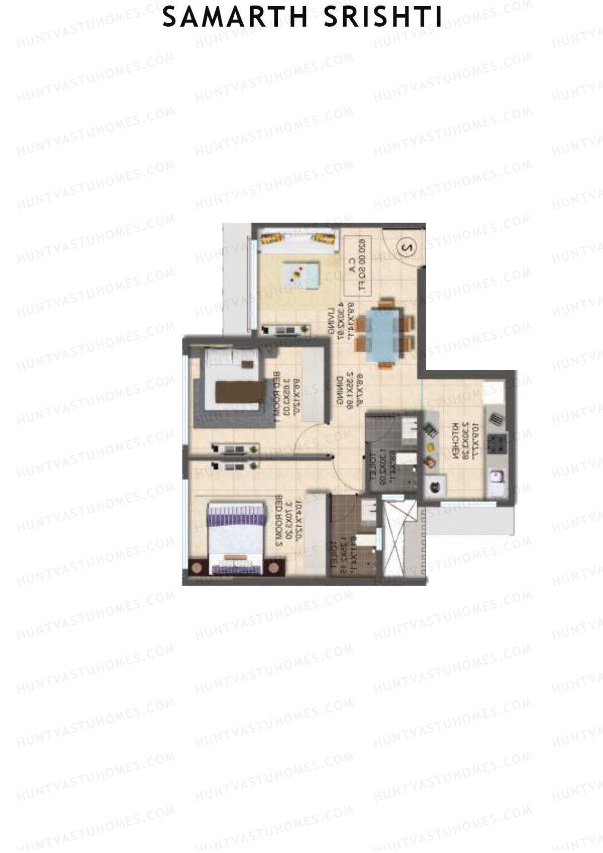 Samarth Srishti, Wing A, Unit 3, 2BHK, Carpet Area 620   sq ft 