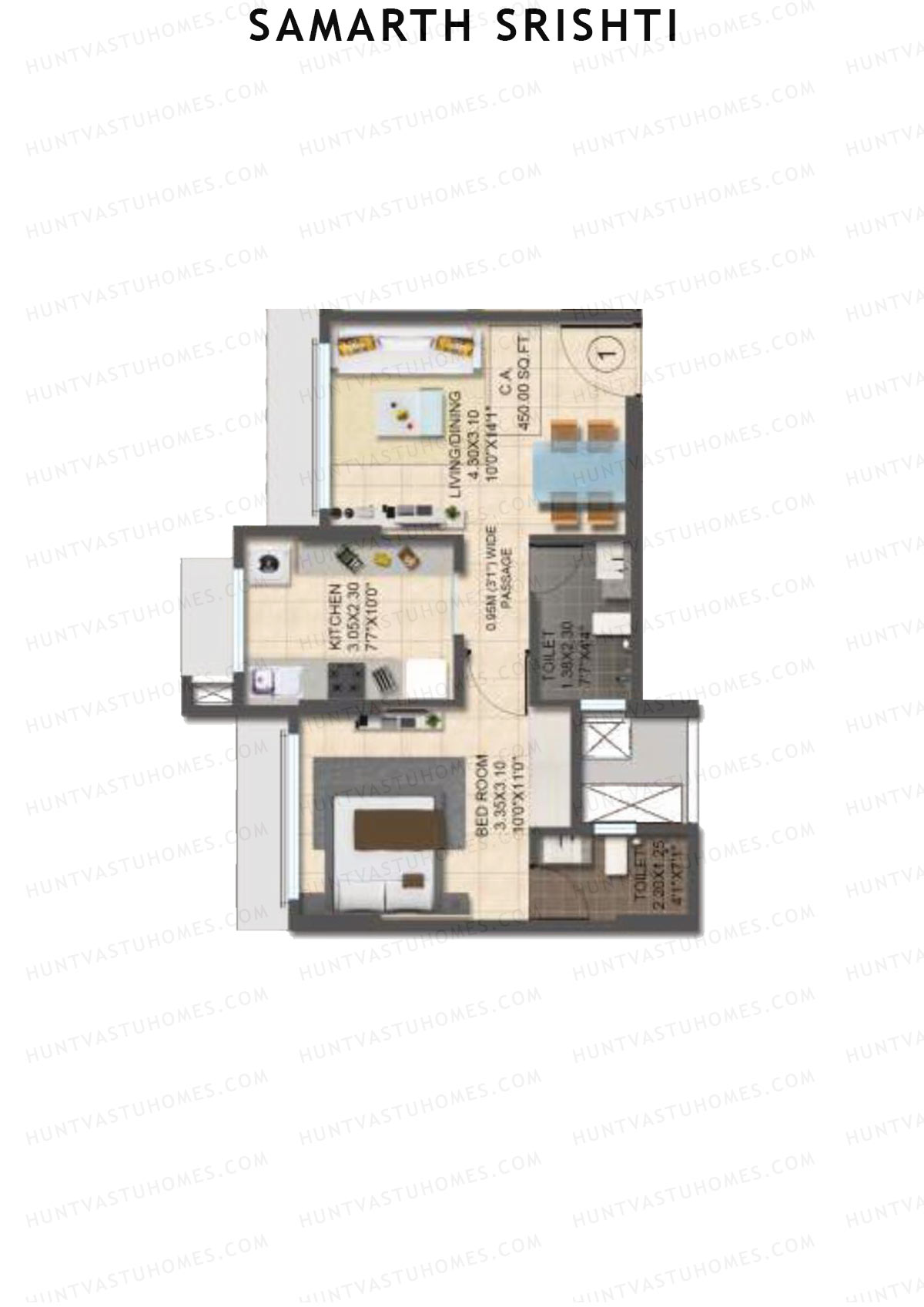 Samarth Srishti, Wing B, Unit 1, 1BHK, Carpet Area 450   sq ft 