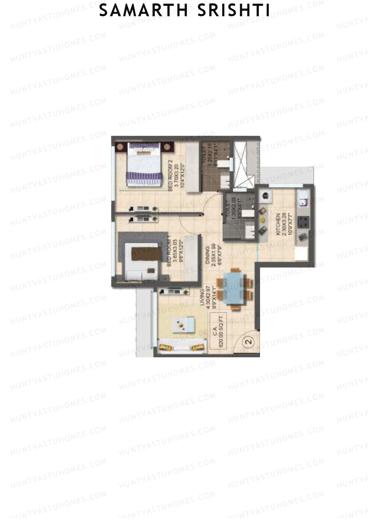 Samarth Srishti, Wing B, Unit 2, 2BHK, Carpet Area 620   sq ft 