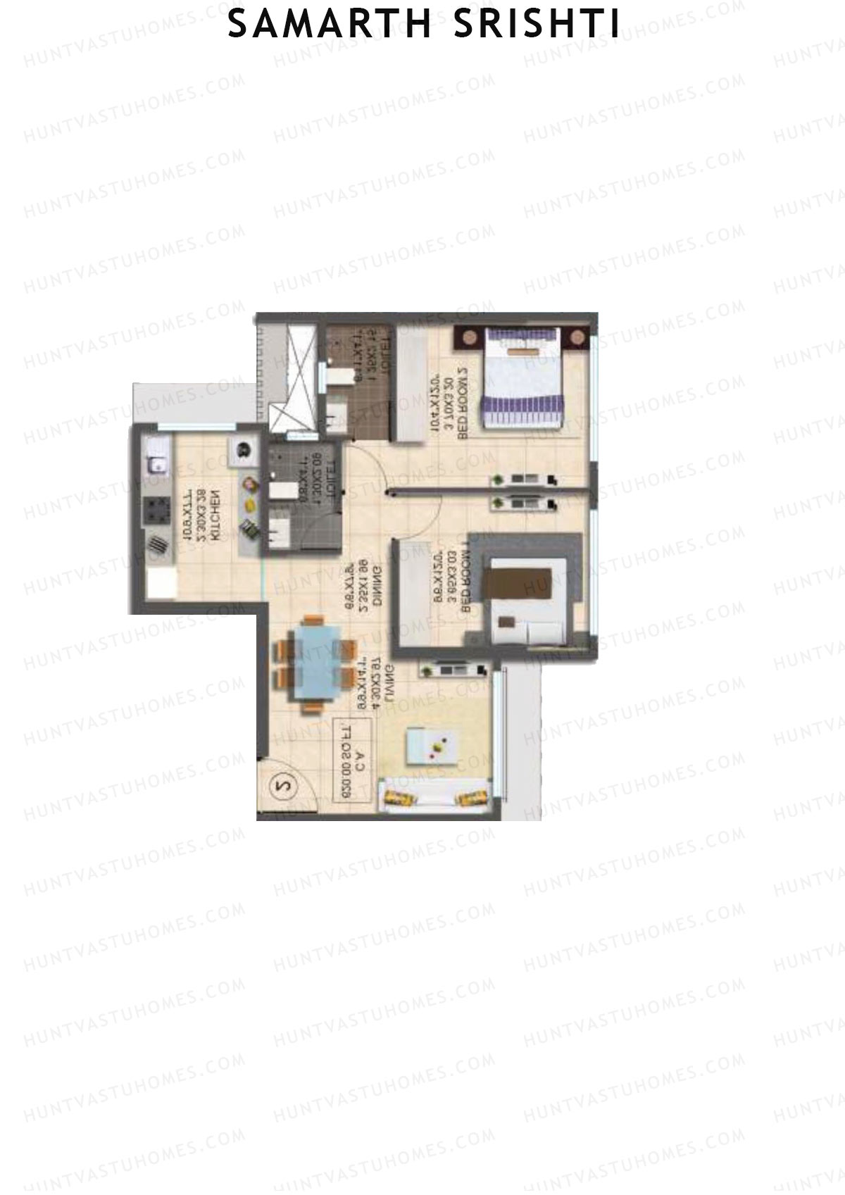Samarth Srishti, Wing B, Unit 3, 2BHK, Carpet Area 620   sq ft 