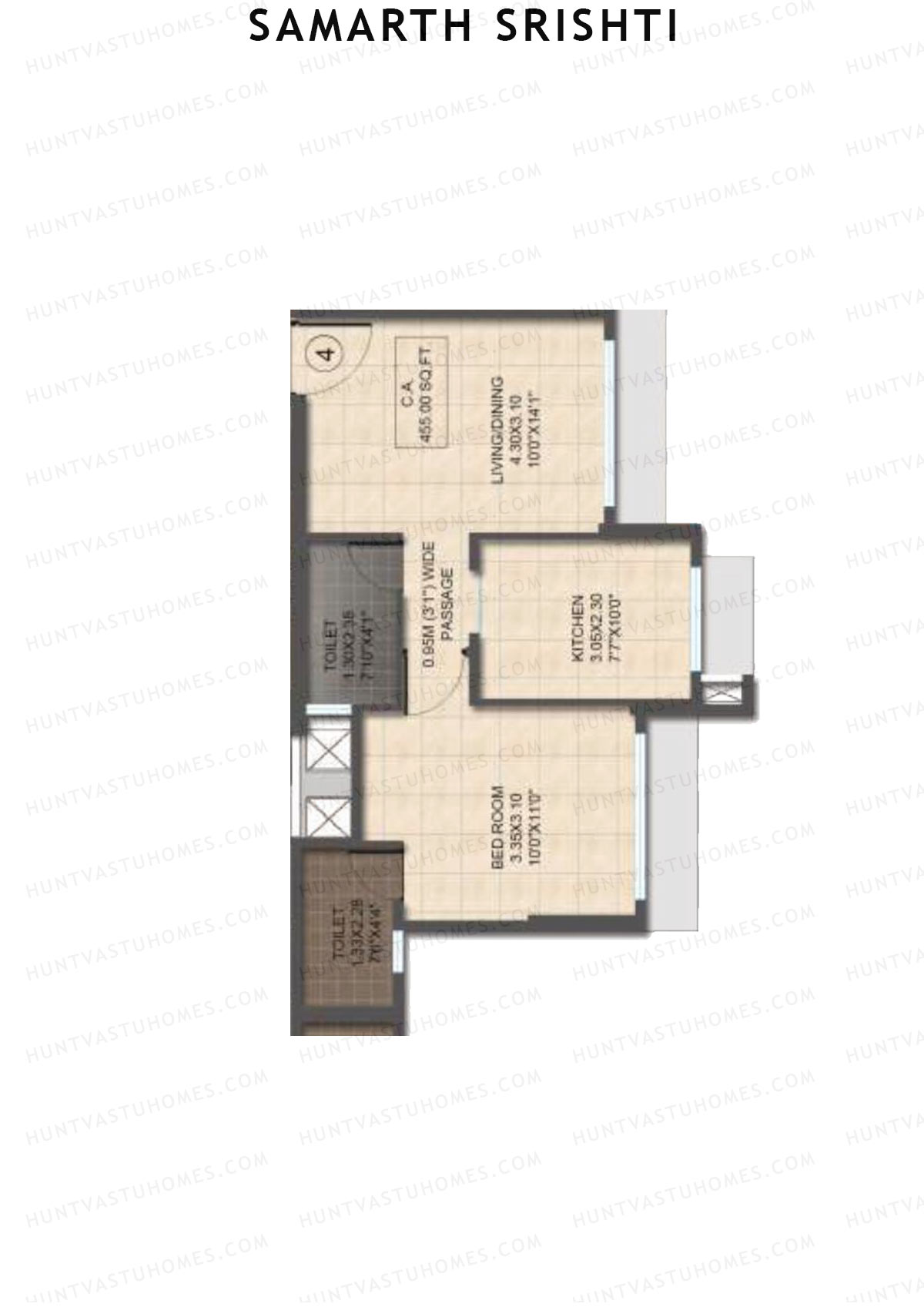 Samarth Srishti, Wing B, Unit 4, 1BHK, Carpet Area 455   sq ft 