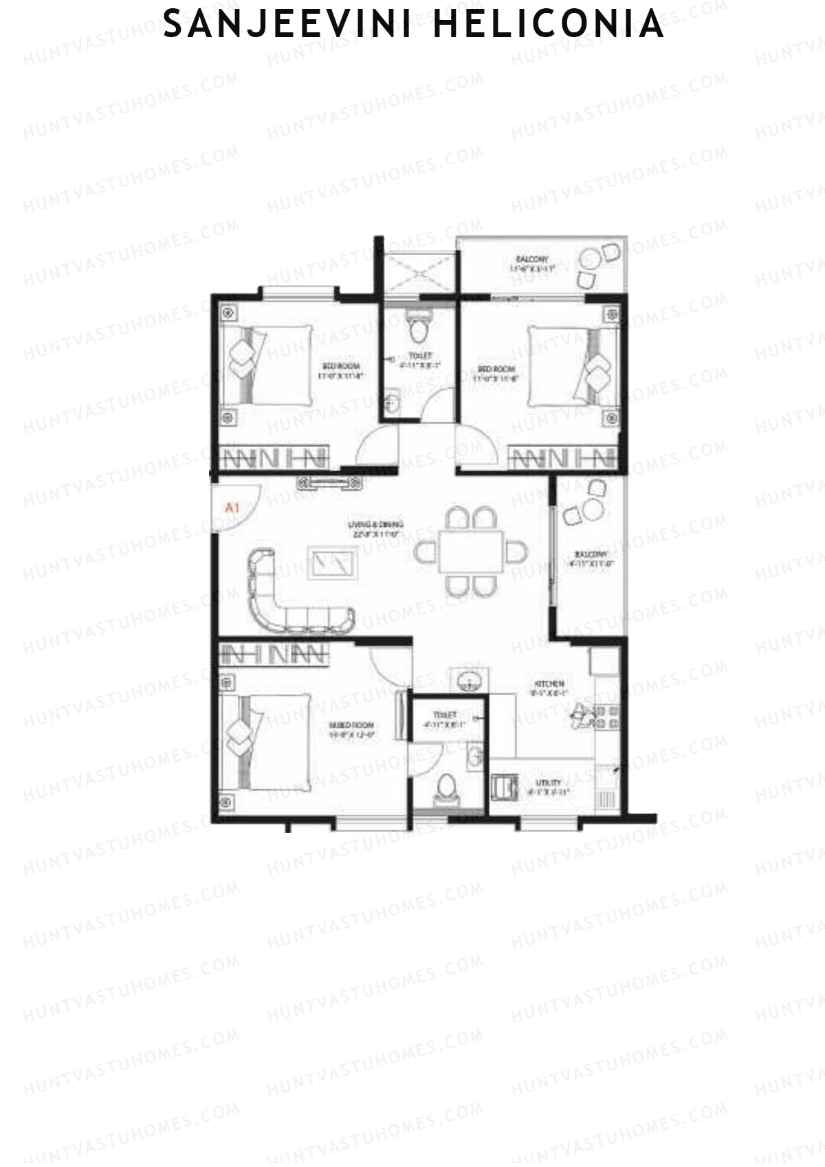 Sanjeevini Heliconia, Block A, Unit A1, 3BHK, Super Area 1405   sq ft 