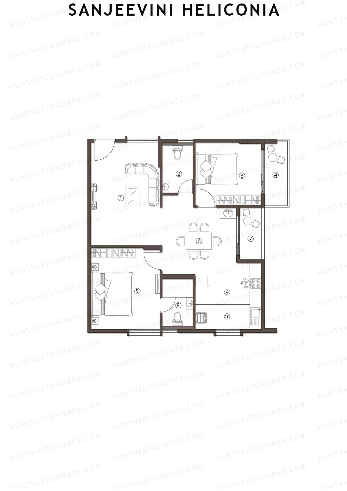 Sanjeevini Heliconia, Block A, Unit A3, 2BHK, Super Area 1175   sq ft 