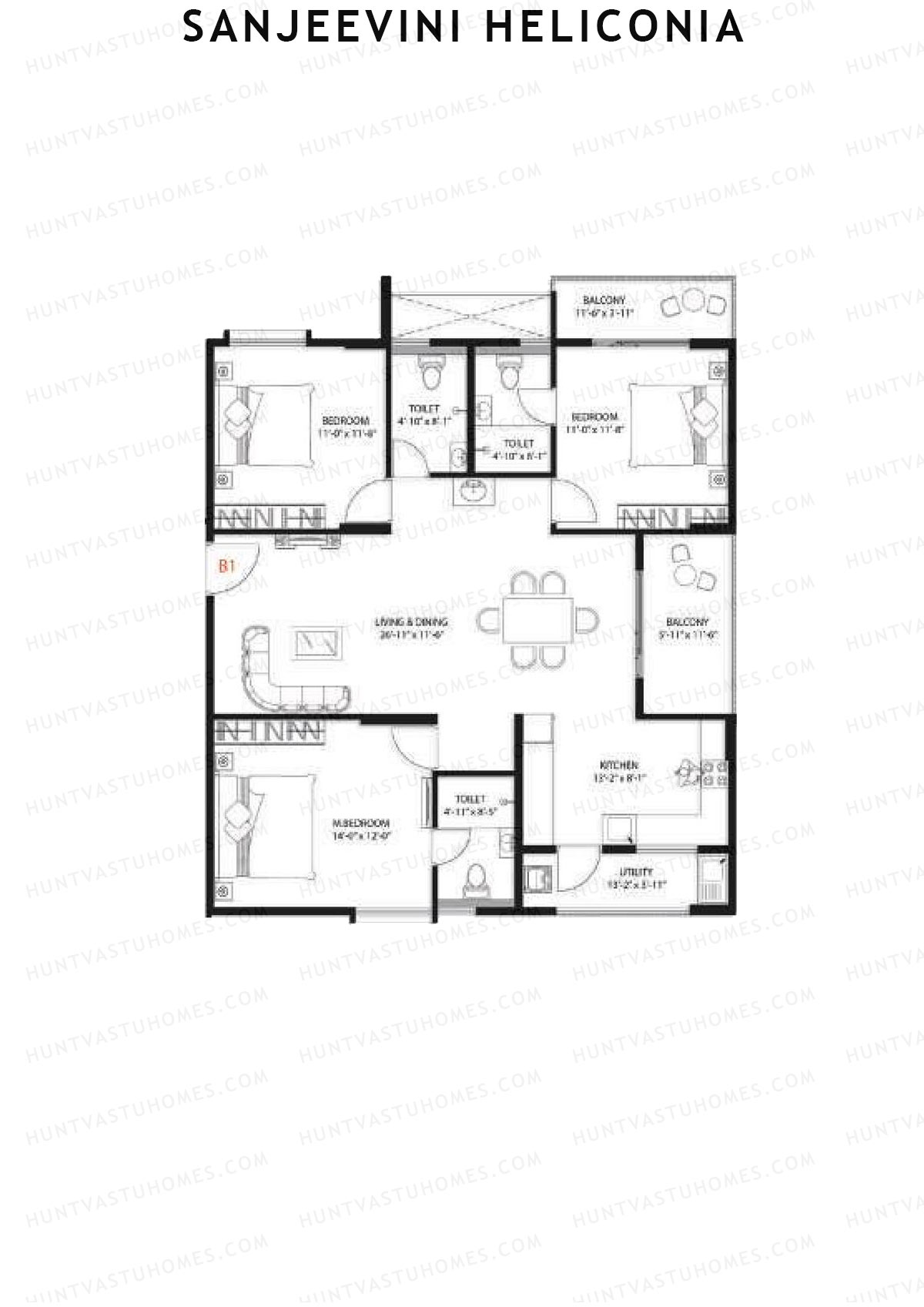 Sanjeevini Heliconia, Block B, Unit B1, 3BHK, Super Area 1675   sq ft 