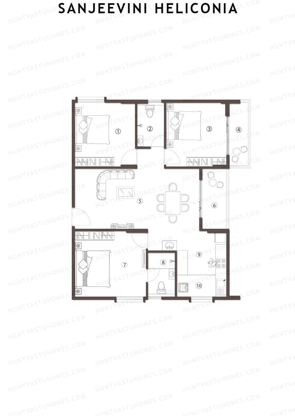 Sanjeevini Heliconia, Block B, Unit B2, 3BHK, Super Area 1410   sq ft 