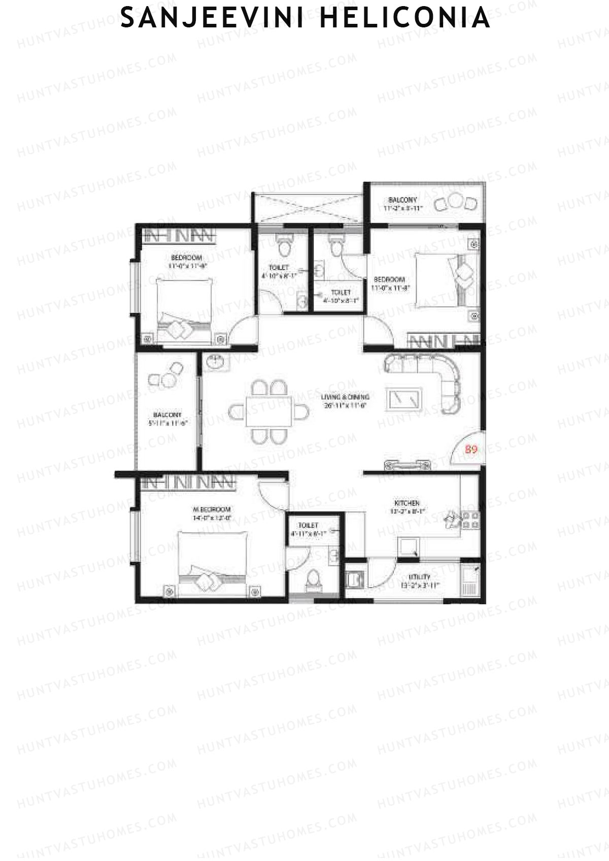 Sanjeevini Heliconia, Block B, Unit B9, 3BHK, Super Area 1675   sq ft 