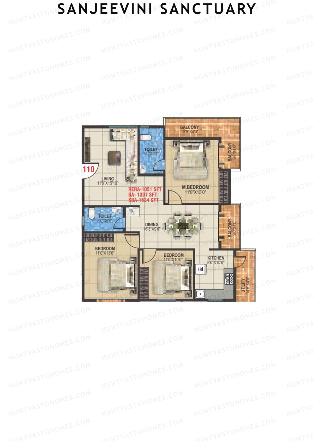Sanjeevini Sanctuary, Block A, Unit 10, 3BHK, Super Area 1525   sq ft 