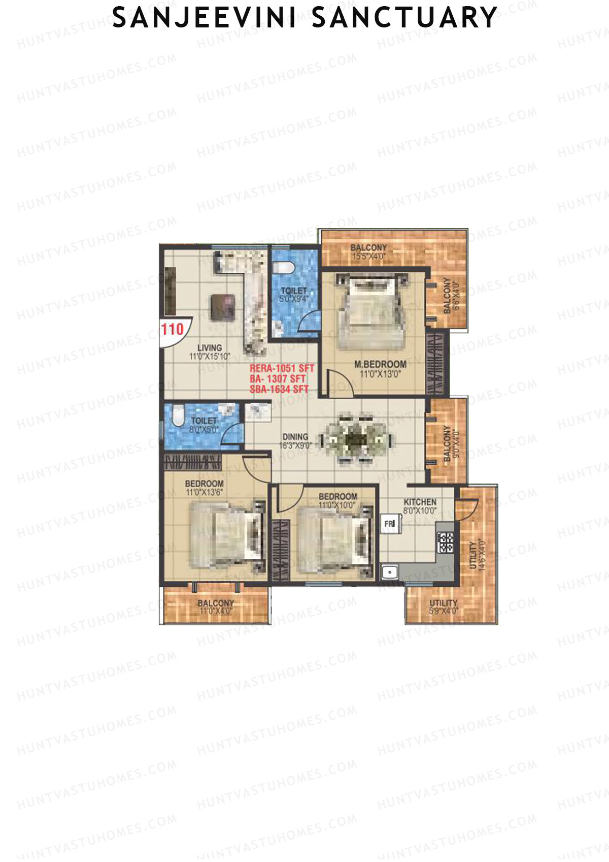Sanjeevini Sanctuary, Block A, Unit 10, 3BHK, Super Area 1634   sq ft 
