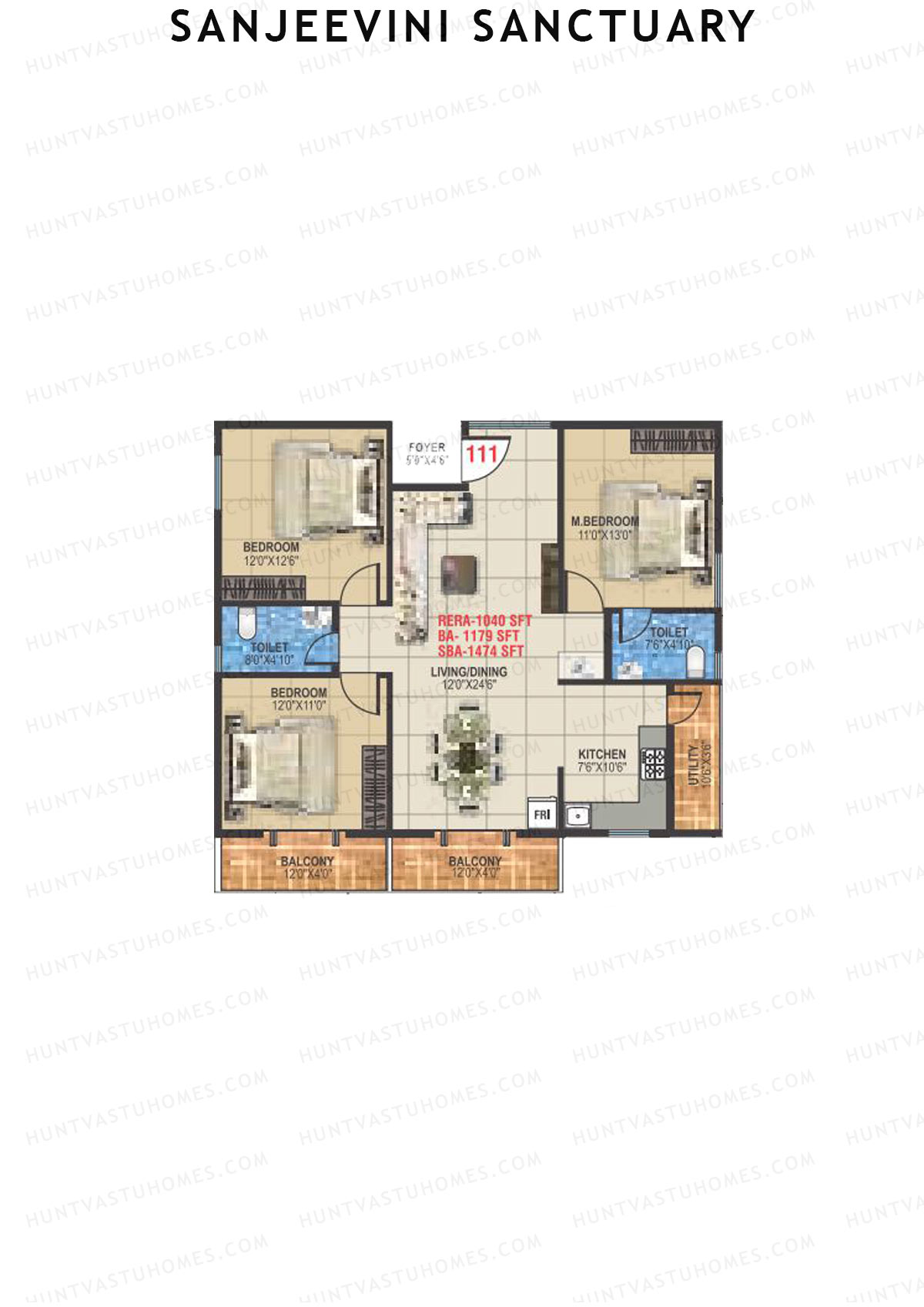 Sanjeevini Sanctuary, Block A, Unit 11, 3BHK, Super Area 1474   sq ft 