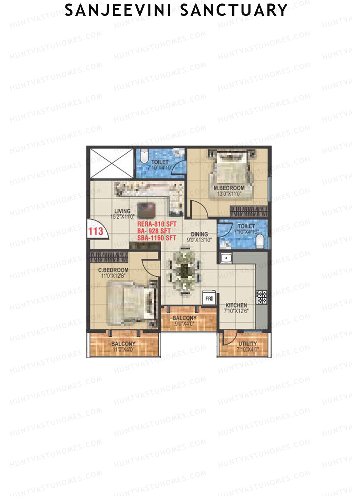 Sanjeevini Sanctuary, Block A, Unit 13, 2BHK, Super Area 1160   sq ft 