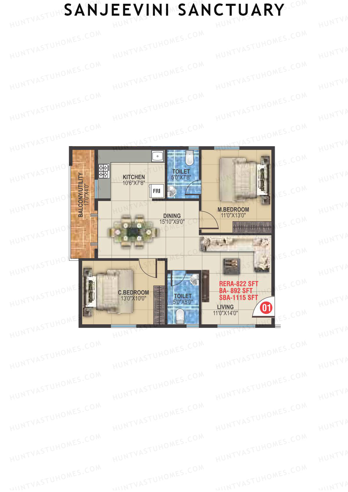 Sanjeevini Sanctuary, Block A, Unit 1, 2BHK, Super Area 1115   sq ft 