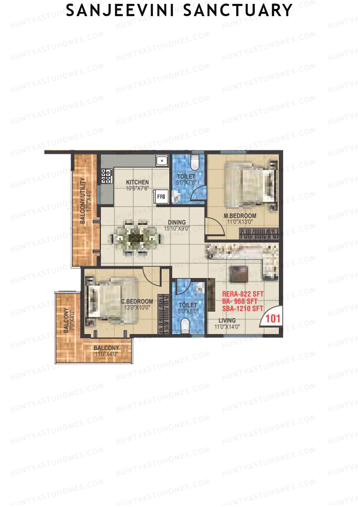 Sanjeevini Sanctuary, Block A, Unit 1, 2BHK, Super Area 1210   sq ft 