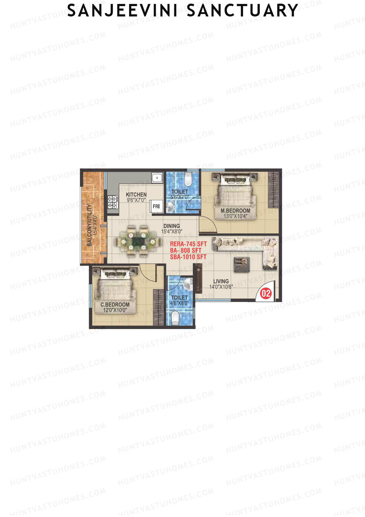 Sanjeevini Sanctuary, Block A, Unit 2, 2BHK, Super Area 1010   sq ft 