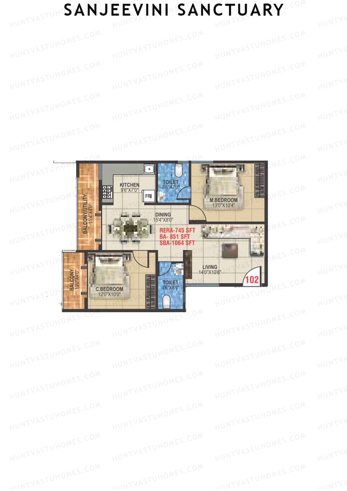 Sanjeevini Sanctuary, Block A, Unit 2, 2BHK, Super Area 1064   sq ft 