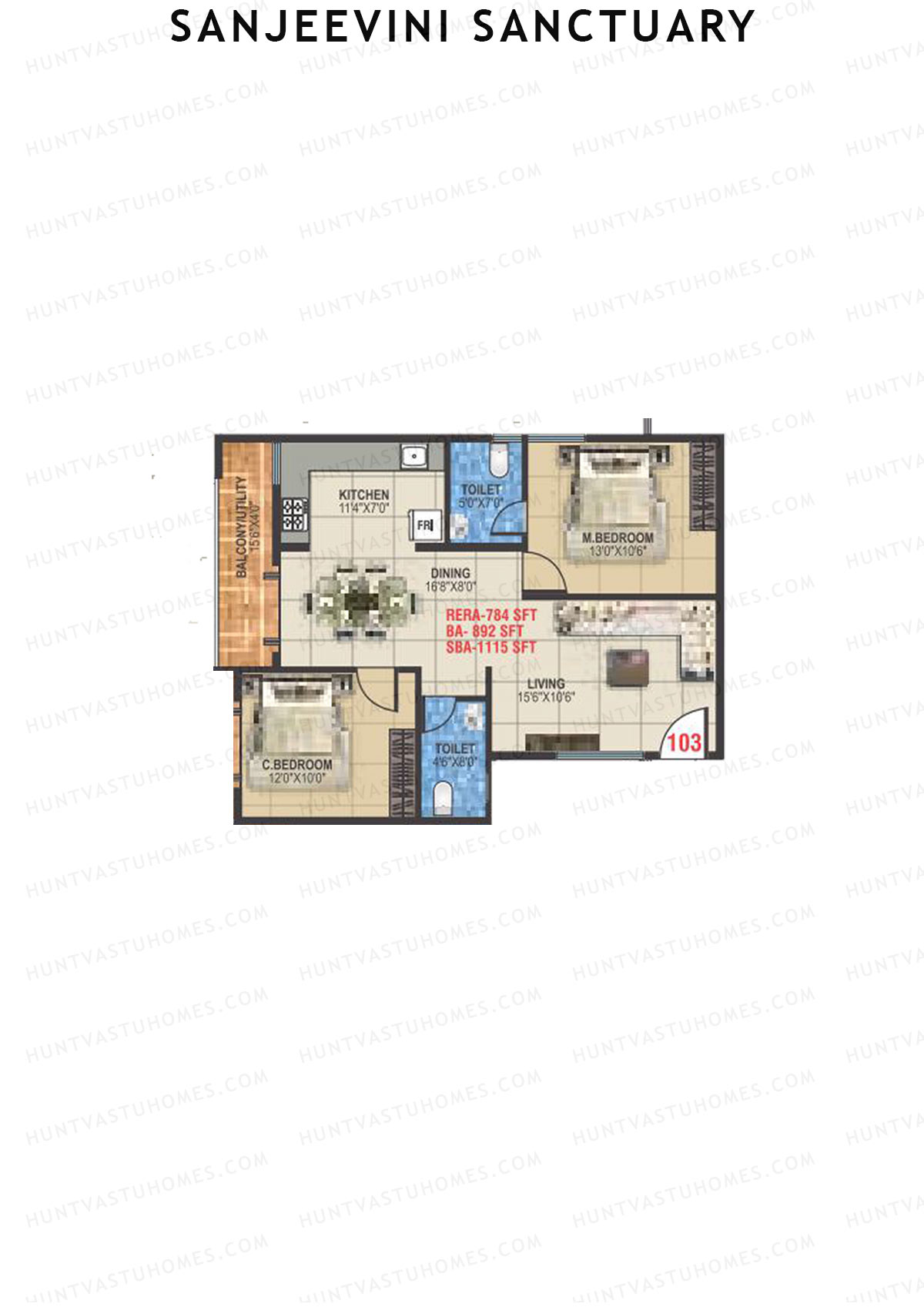 Sanjeevini Sanctuary, Block A, Unit 3, 2BHK, Super Area 1061   sq ft 