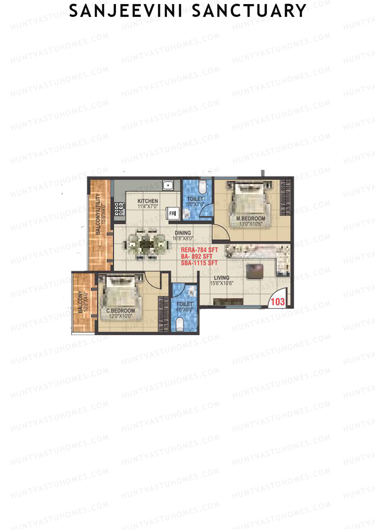 Sanjeevini Sanctuary, Block A, Unit 3, 2BHK, Super Area 1115   sq ft 
