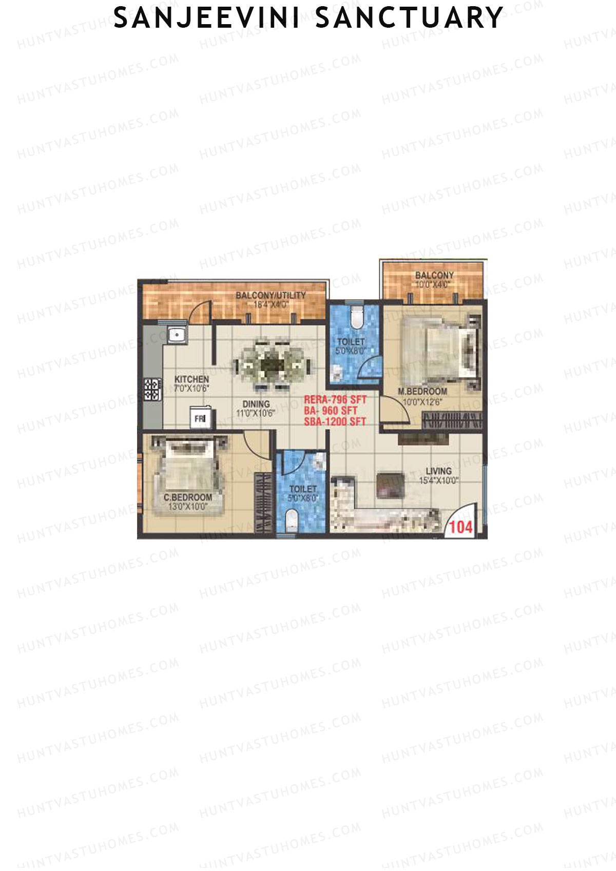 Sanjeevini Sanctuary, Block A, Unit 4, 2BHK, Super Area 1145   sq ft 