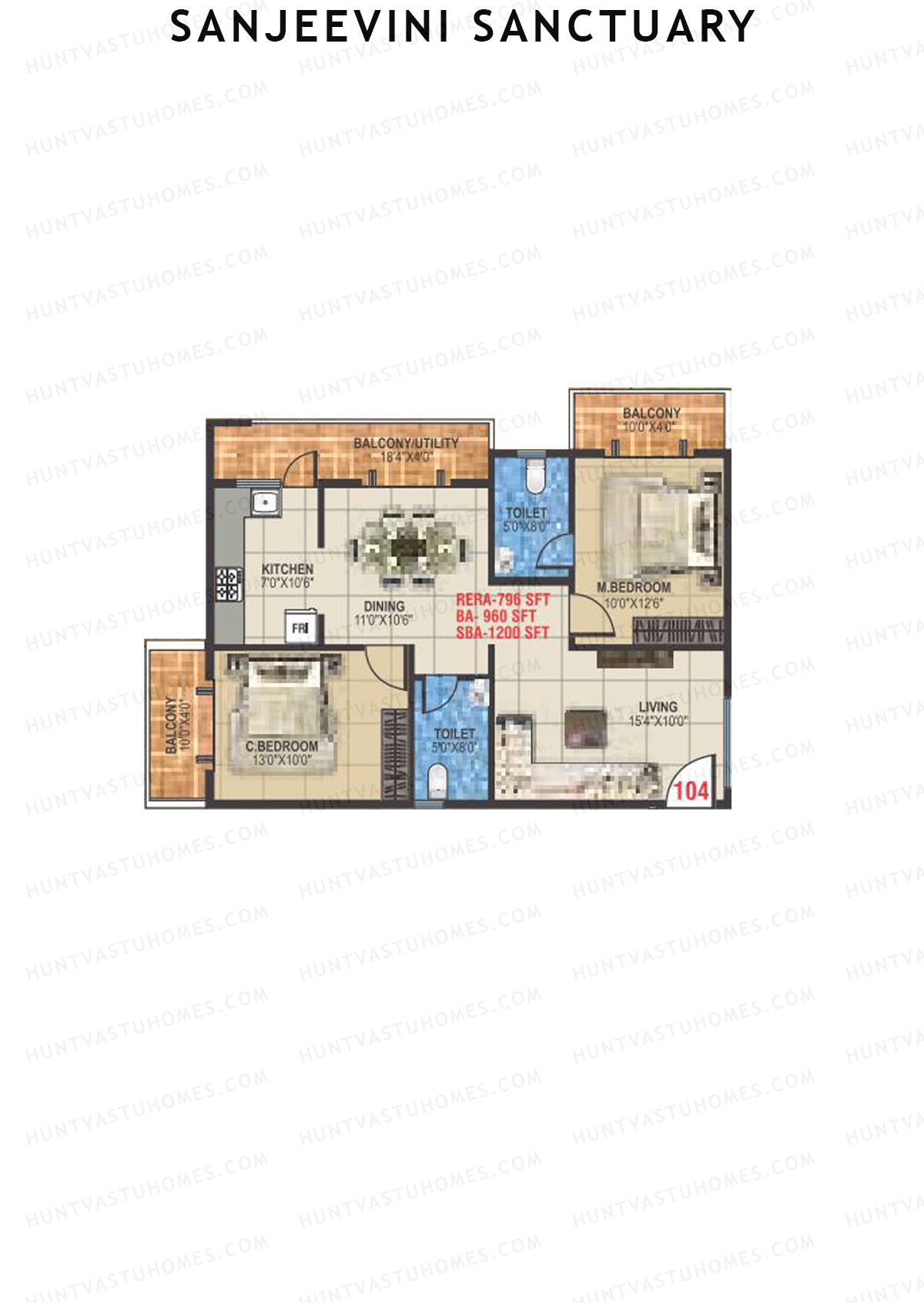 Sanjeevini Sanctuary, Block A, Unit 4, 2BHK, Super Area 1200   sq ft 