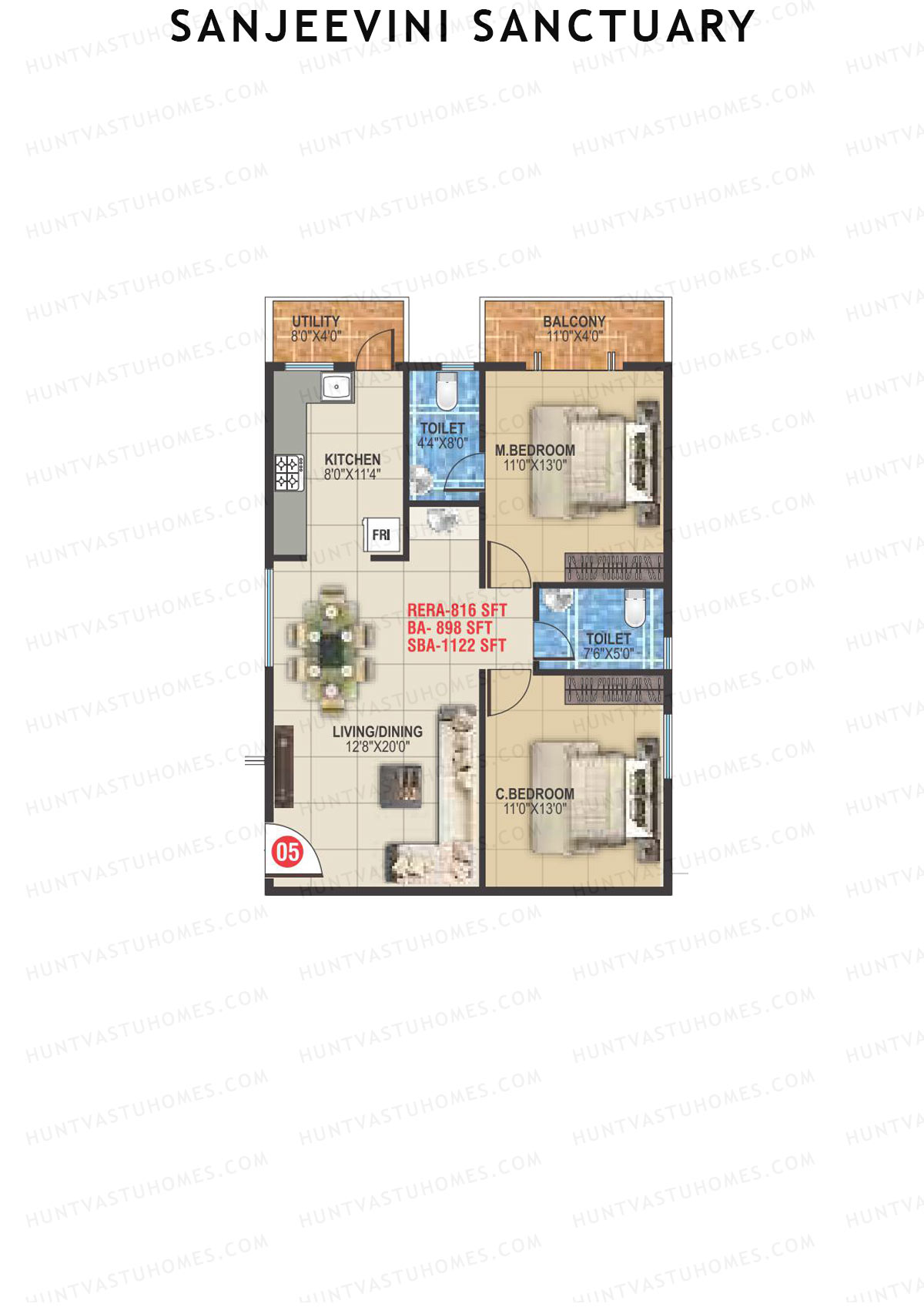 Sanjeevini Sanctuary, Block A, Unit 5, 2BHK, Super Area 1122   sq ft 