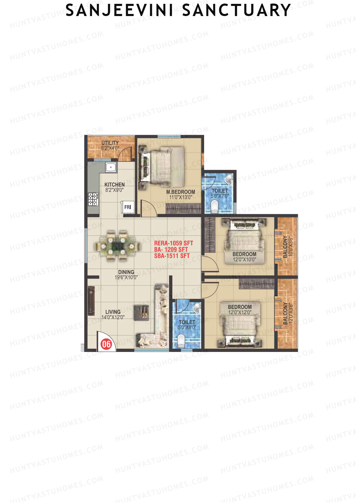 Sanjeevini Sanctuary, Block A, Unit 6, 3BHK, Super Area 1511   sq ft 