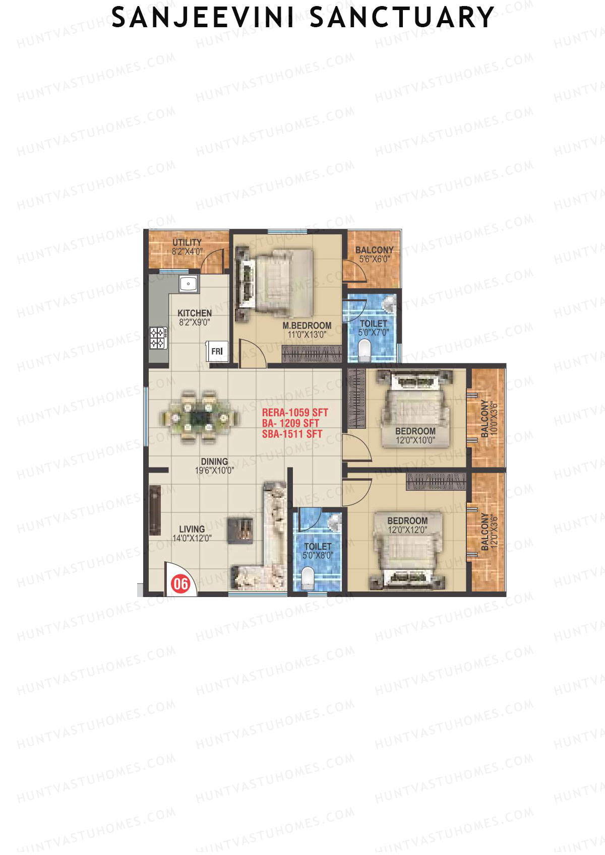 Sanjeevini Sanctuary, Block A, Unit 6, 3BHK, Super Area 1556   sq ft 