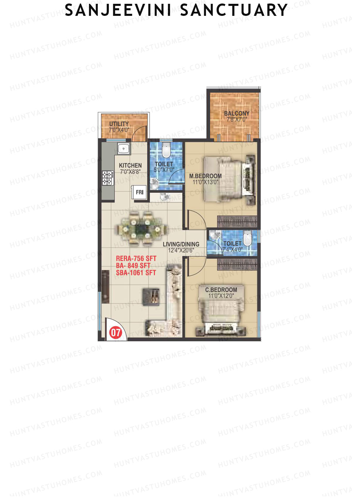 Sanjeevini Sanctuary, Block A, Unit 7, 2BHK, Super Area 1062   sq ft 