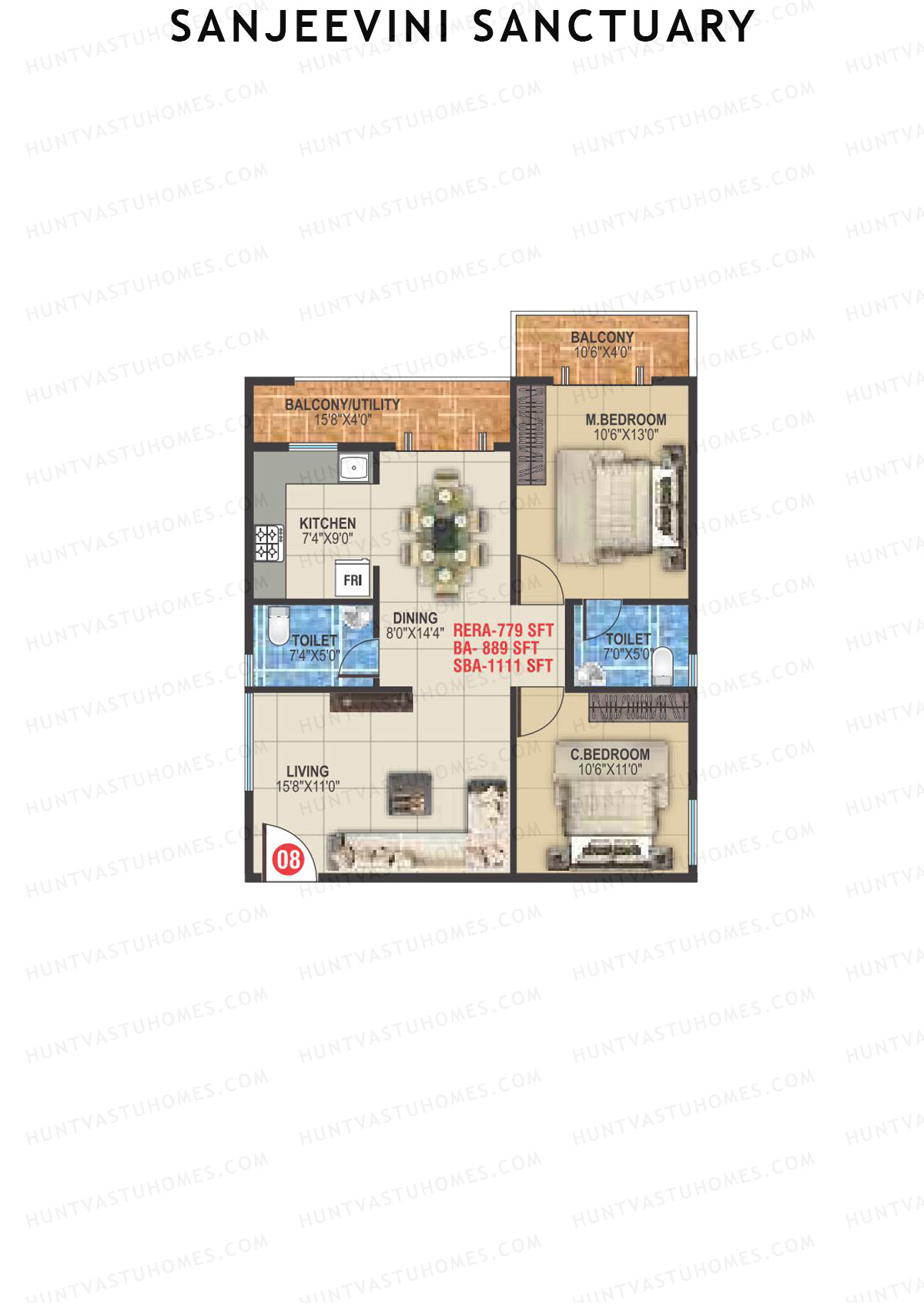 Sanjeevini Sanctuary, Block A, Unit 8, 2BHK, Super Area 1111   sq ft 