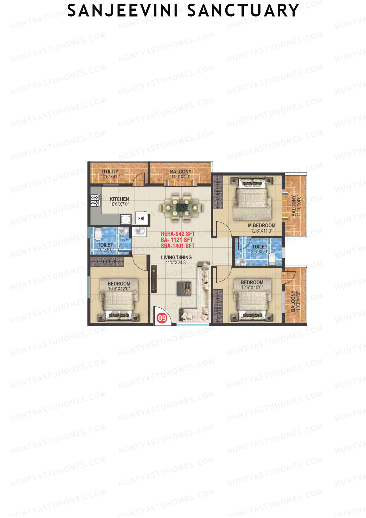 Sanjeevini Sanctuary, Block A, Unit 9, 3BHK, Super Area 1401   sq ft 