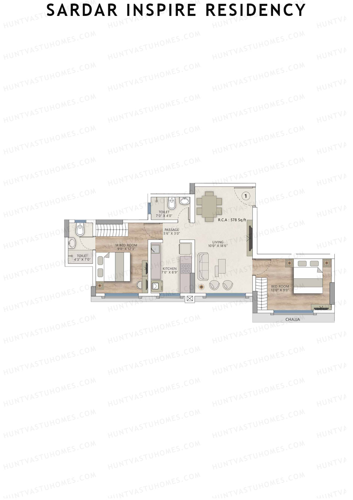 Sardar Inspire Residency, Wing A, Unit 1, 2BHK, Carpet Area 578   sq ft 