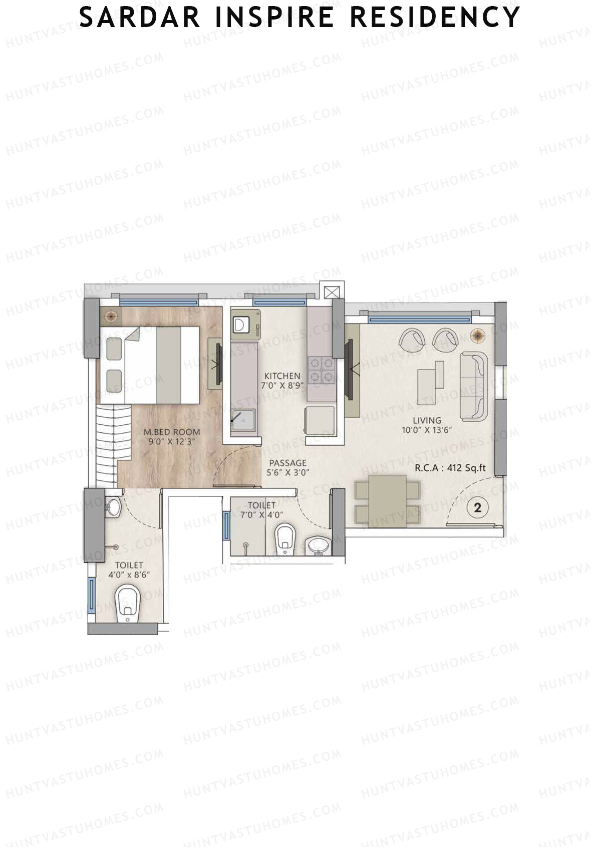 Sardar Inspire Residency, Wing A, Unit 2, 1BHK, Carpet Area 412   sq ft 
