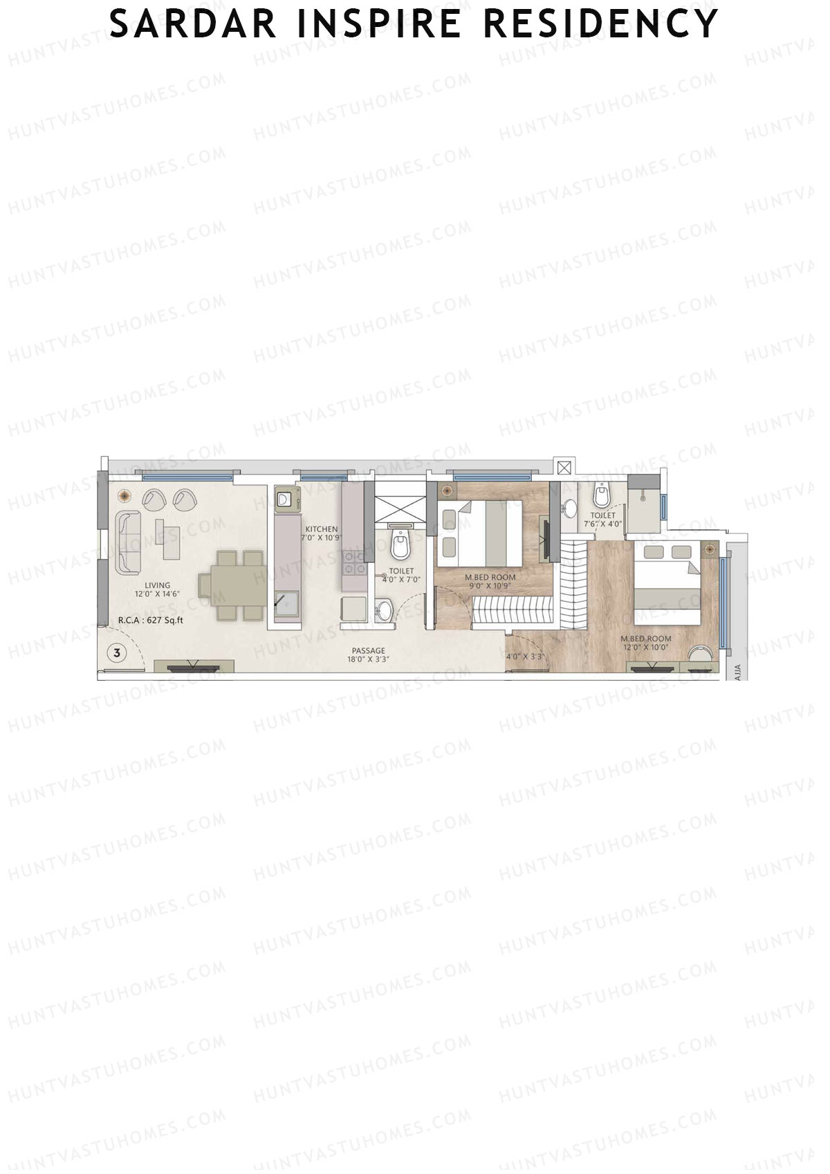 Sardar Inspire Residency, Wing A, Unit 3, 2BHK, Carpet Area 627   sq ft 