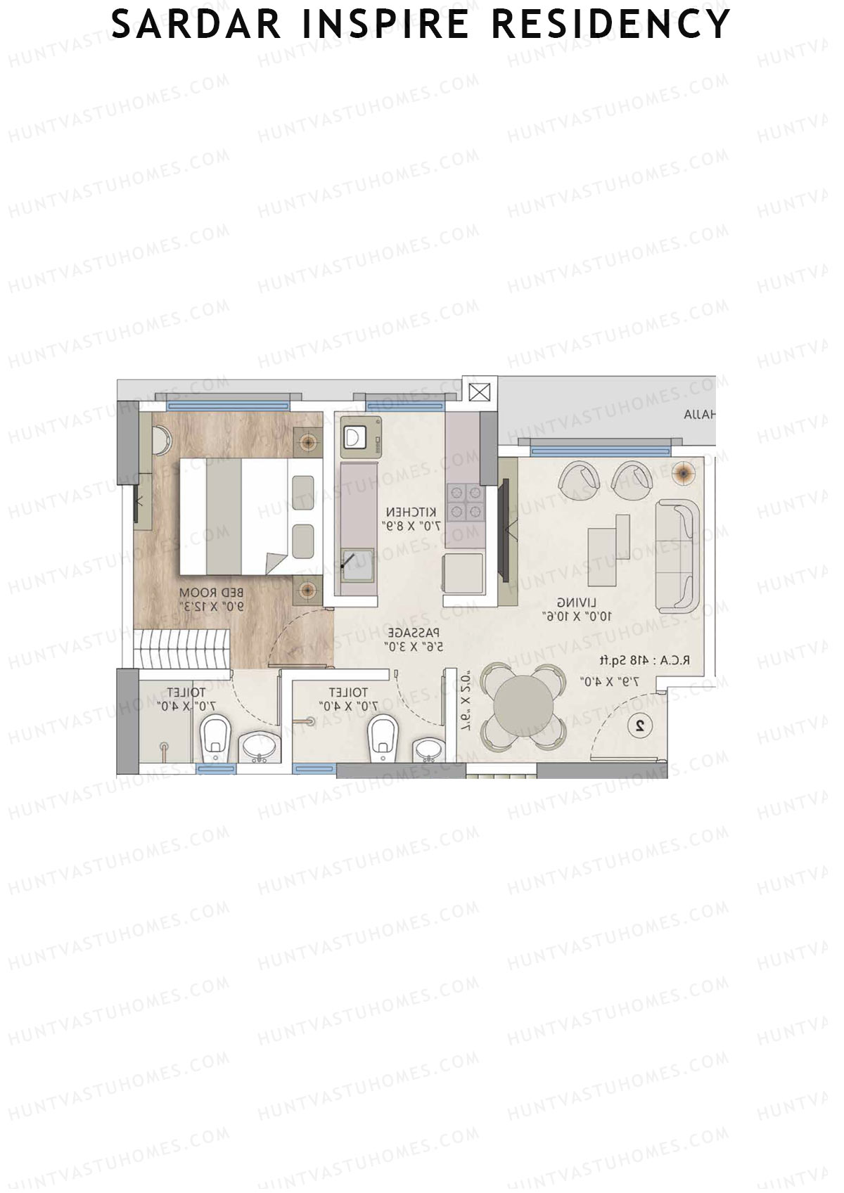 Sardar Inspire Residency, Wing B, Unit 1, 1BHK, Carpet Area 418   sq ft 