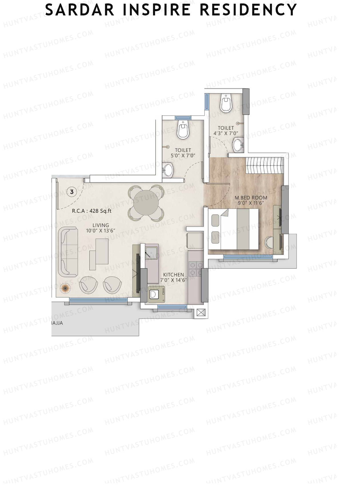 Sardar Inspire Residency, Wing B, Unit 3, 1BHK, Carpet Area 428   sq ft 