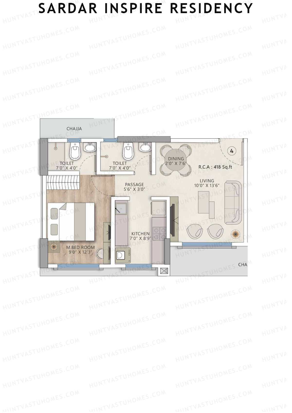 Sardar Inspire Residency, Wing B, Unit 4, 1BHK, Carpet Area 418   sq ft 