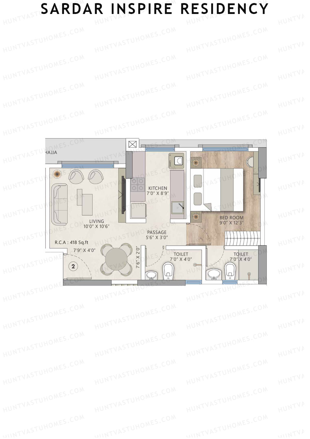 Sardar Inspire Residency, Wing C, Unit 2, 1BHK, Carpet Area 418   sq ft 