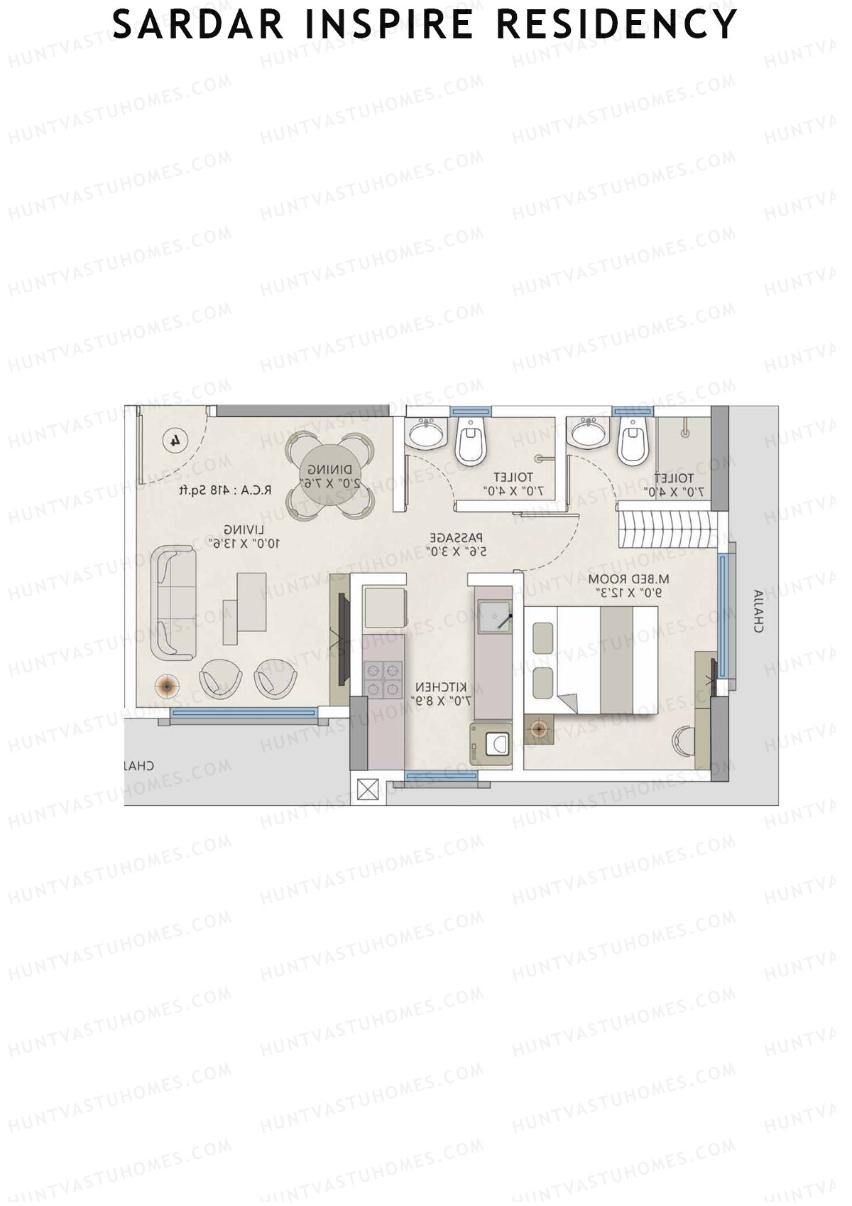Sardar Inspire Residency, Wing C, Unit 3, 1BHK, Carpet Area 418   sq ft 
